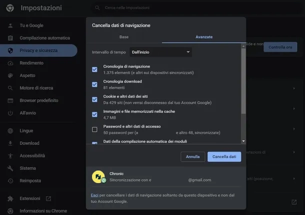 come rimuovere cache e cookie - Google Chrome