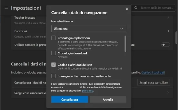 come rimuovere cache e cookie - Microsoft Edge