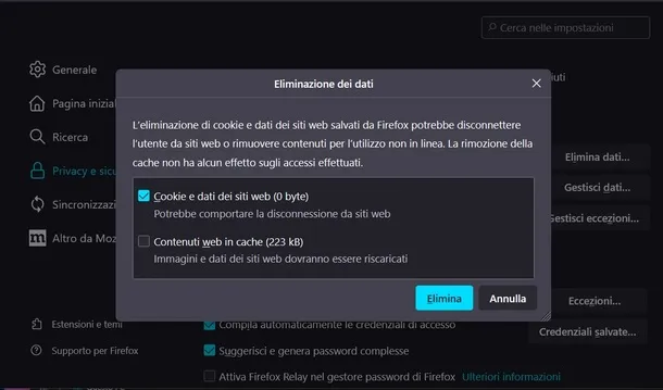 come rimuovere cache e cookie - Firefox